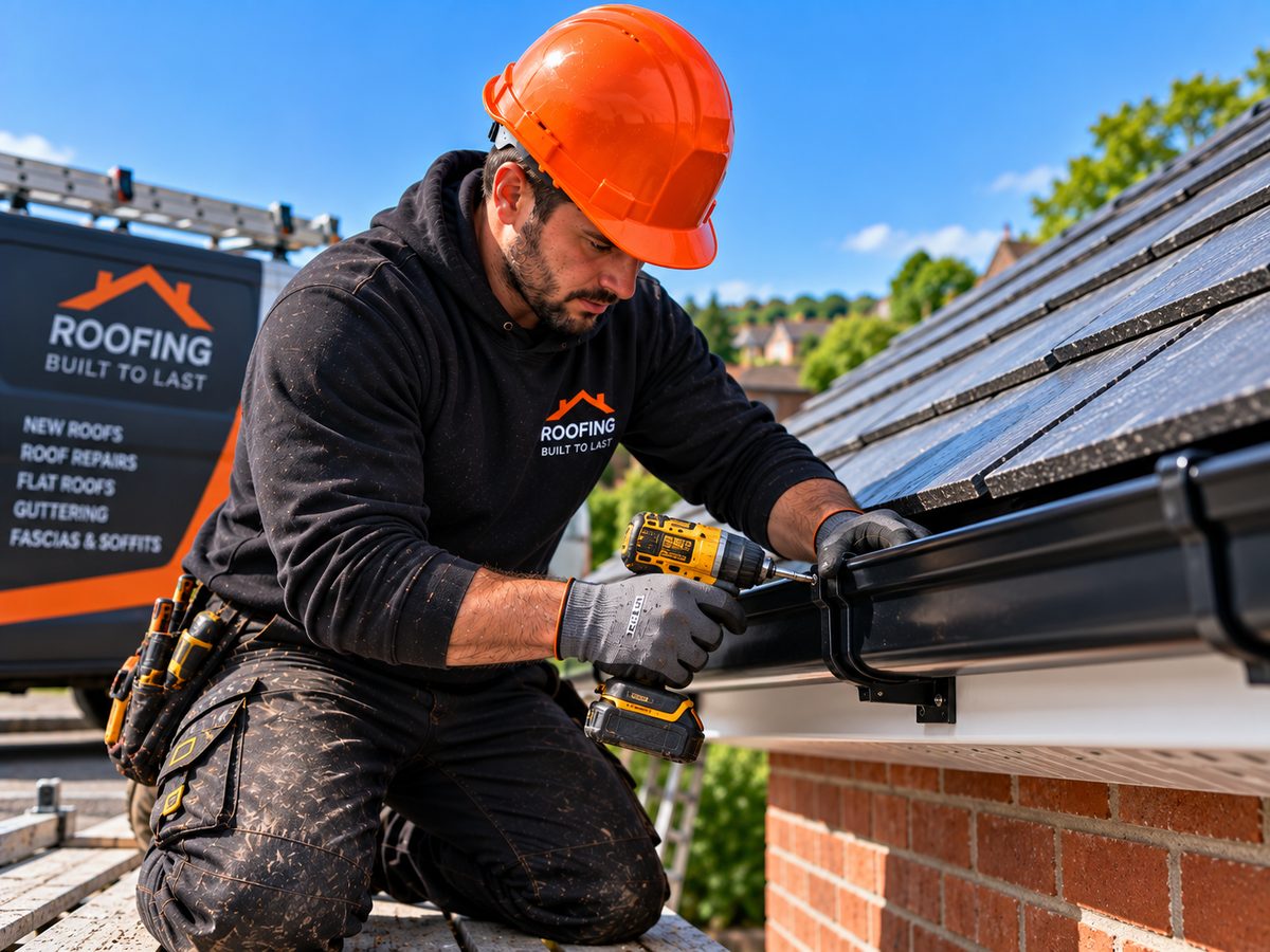 New black deep-flow uPVC guttering and downpipe on a red-brick Barnsley terrace, close-up along the eaves