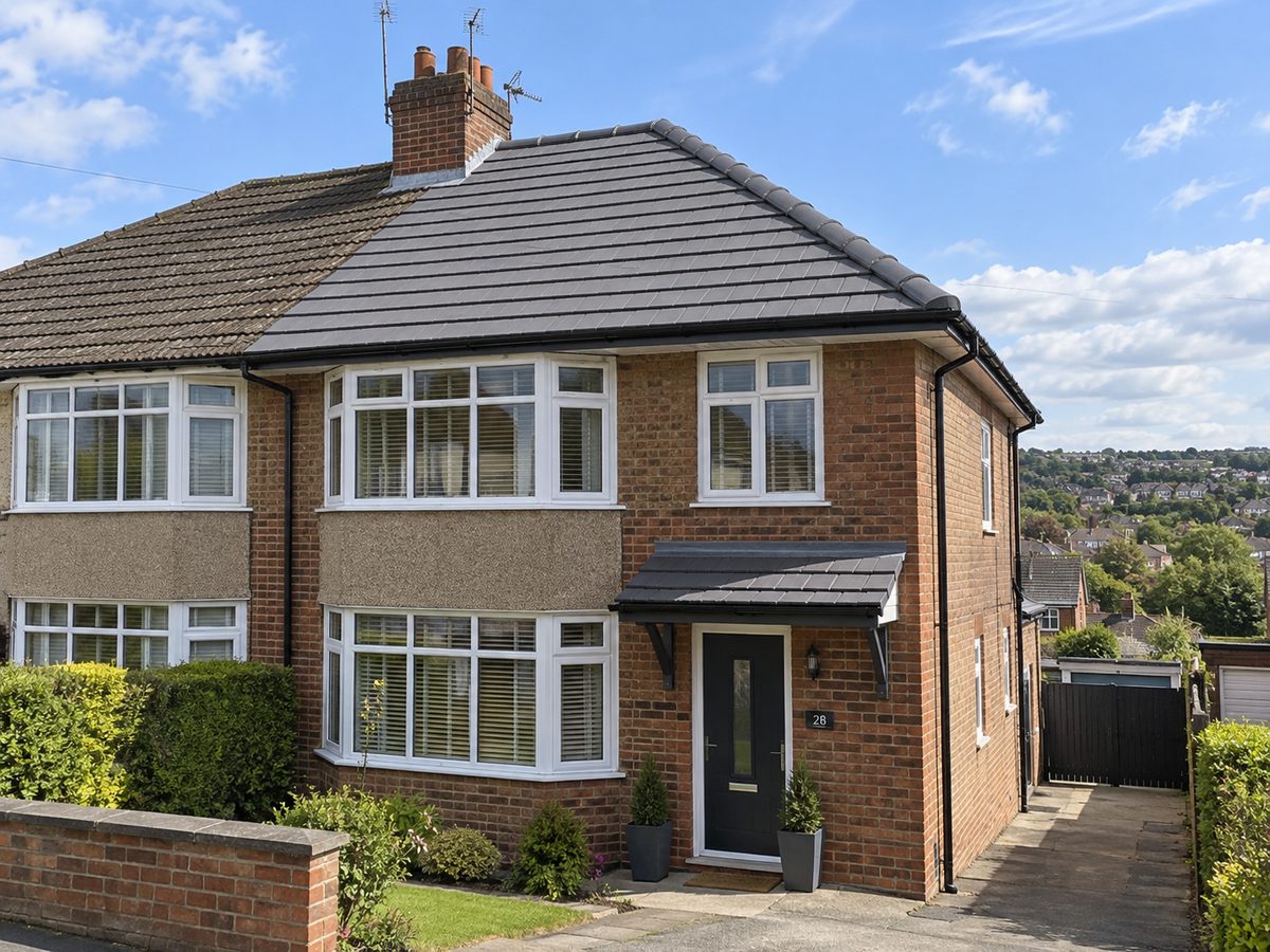 Freshly re-roofed 1930s semi-detached house in Barnsley with new grey concrete tiles and dry ridge, scaffold just removed
